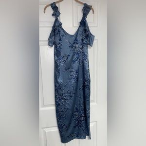 Blue Silky Floral Midi Dress with Shoulder Ruffled Straps